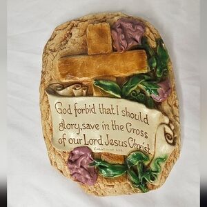 Vintage Chalkware Wall Hanging Floral Bible Verse Galatians 6:14 Cross Roses